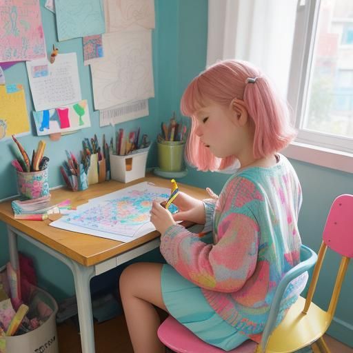 Young Girl's Drawing in Naive Art Style