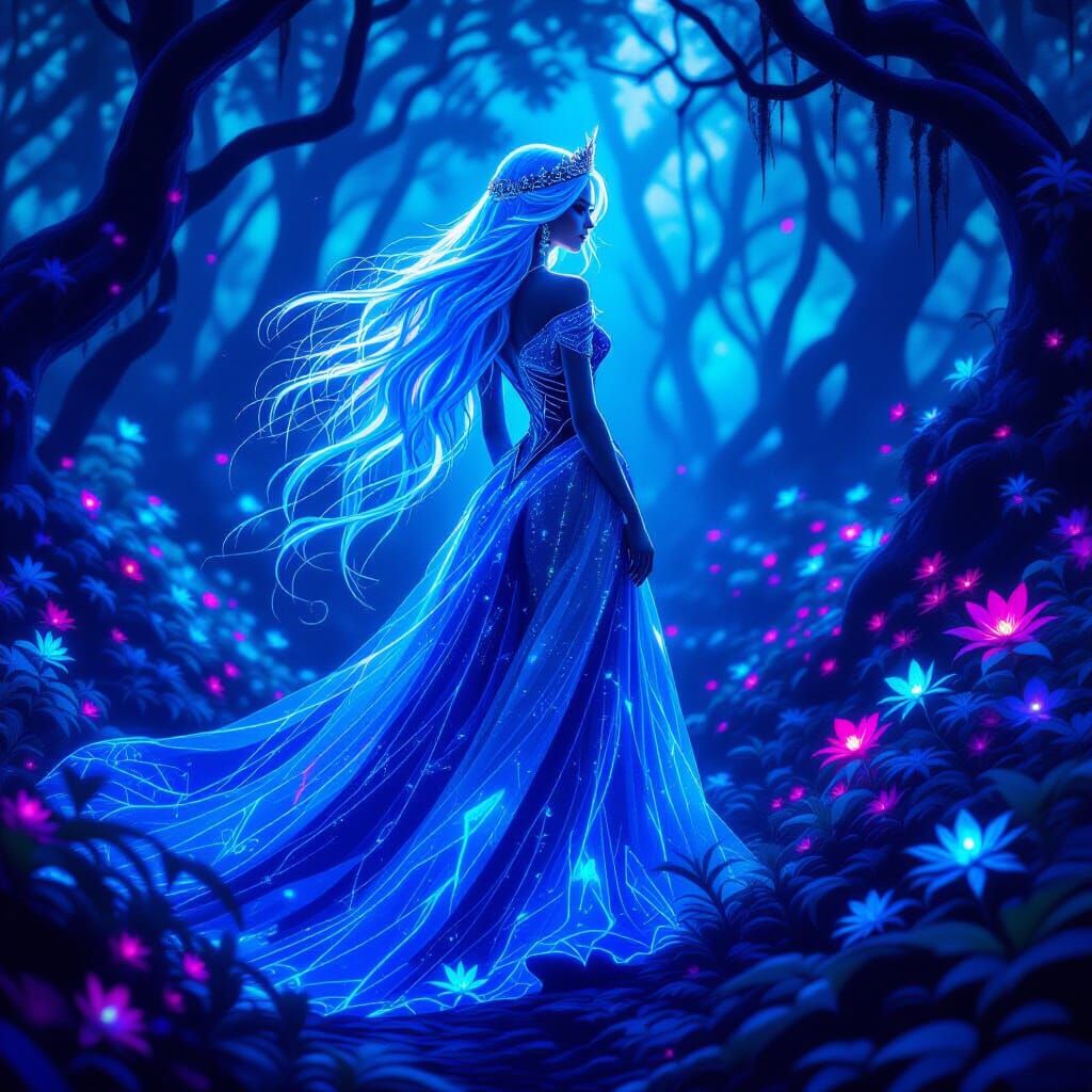Bioluminescent Princess in Neon Enchanted Forest