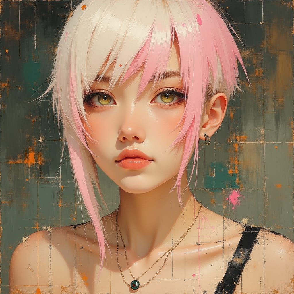 Korean Idol with Pink-White Hair and Neon Eyes