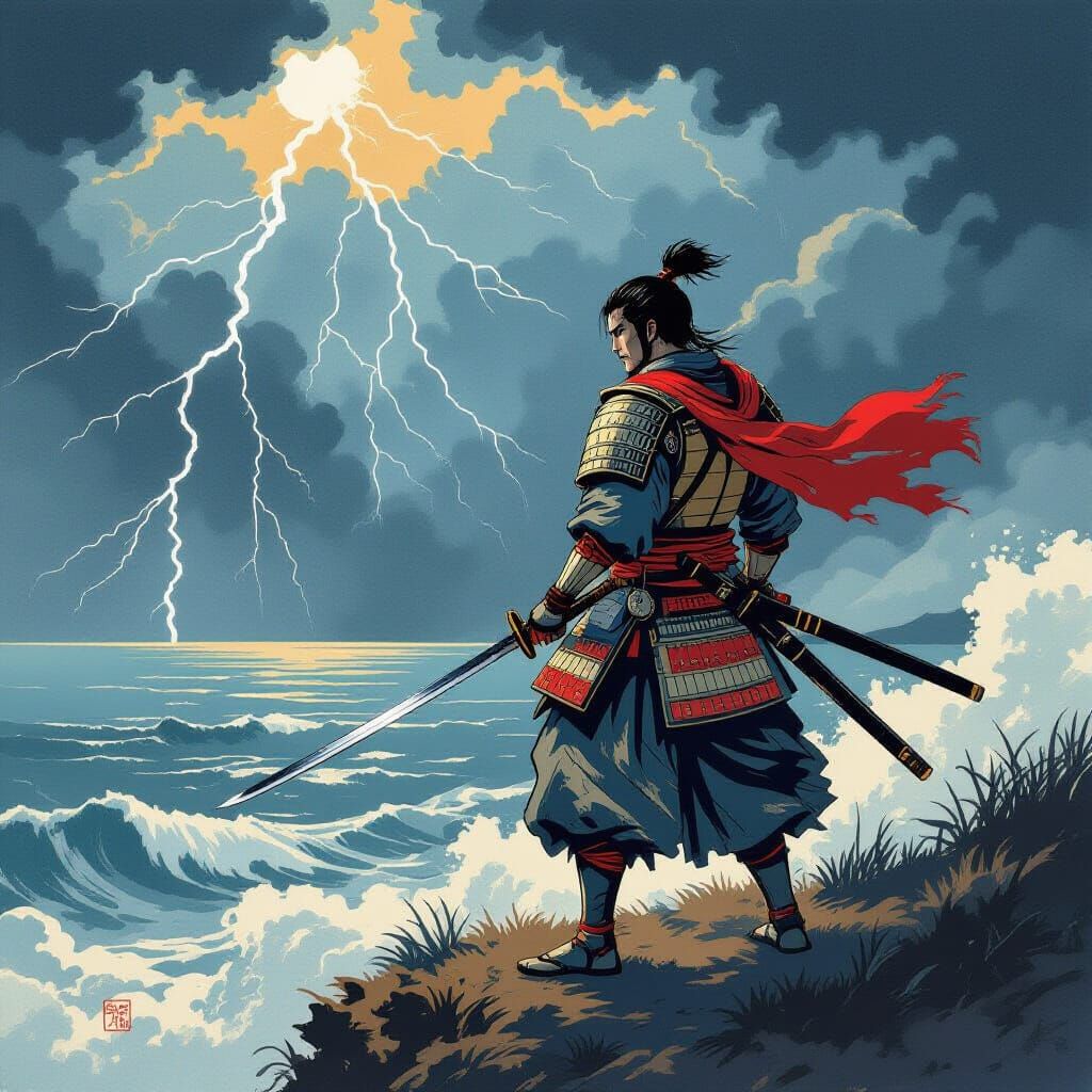 Samurai Warrior on Cliff Overlooking Stormy Sea in Ukiyo-e S...