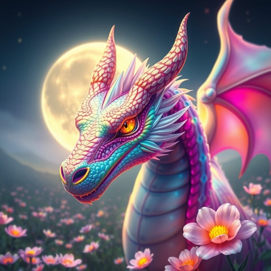 Iridescent Dragon with Bioluminescent Flowers