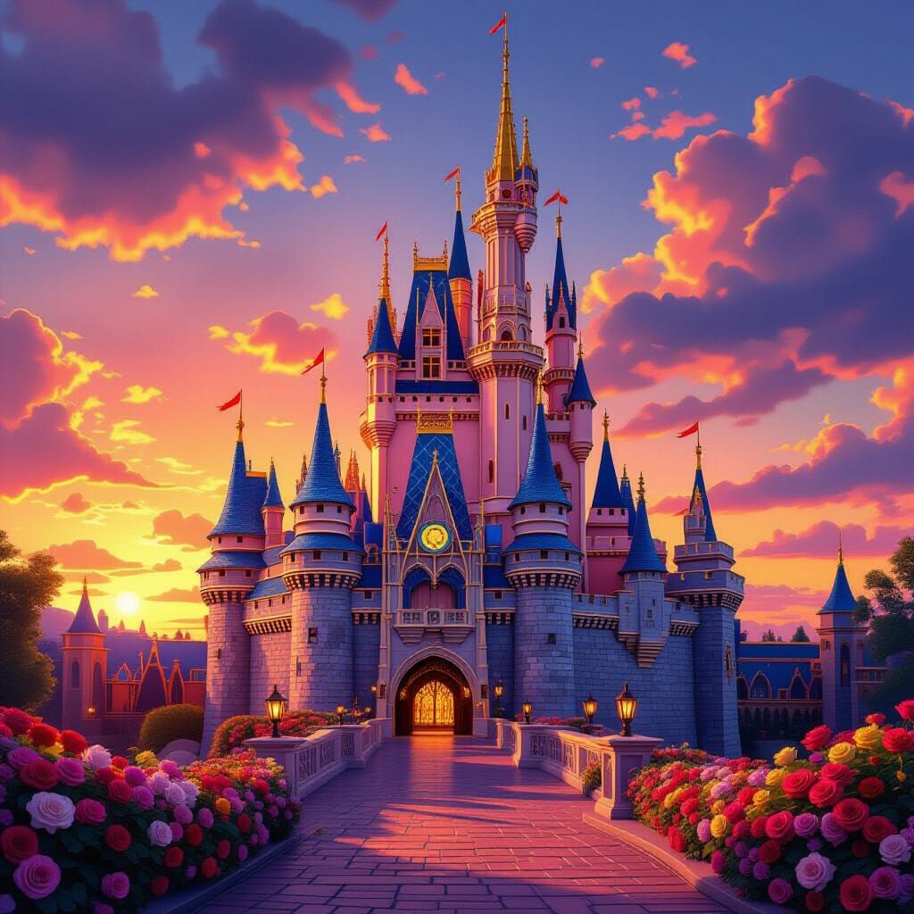 Fairytale Castle of Multicolored Roses at Sunset