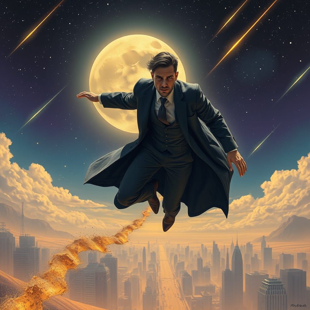 Sand Man Soaring Over City in Dystopian Sci-Fi Style