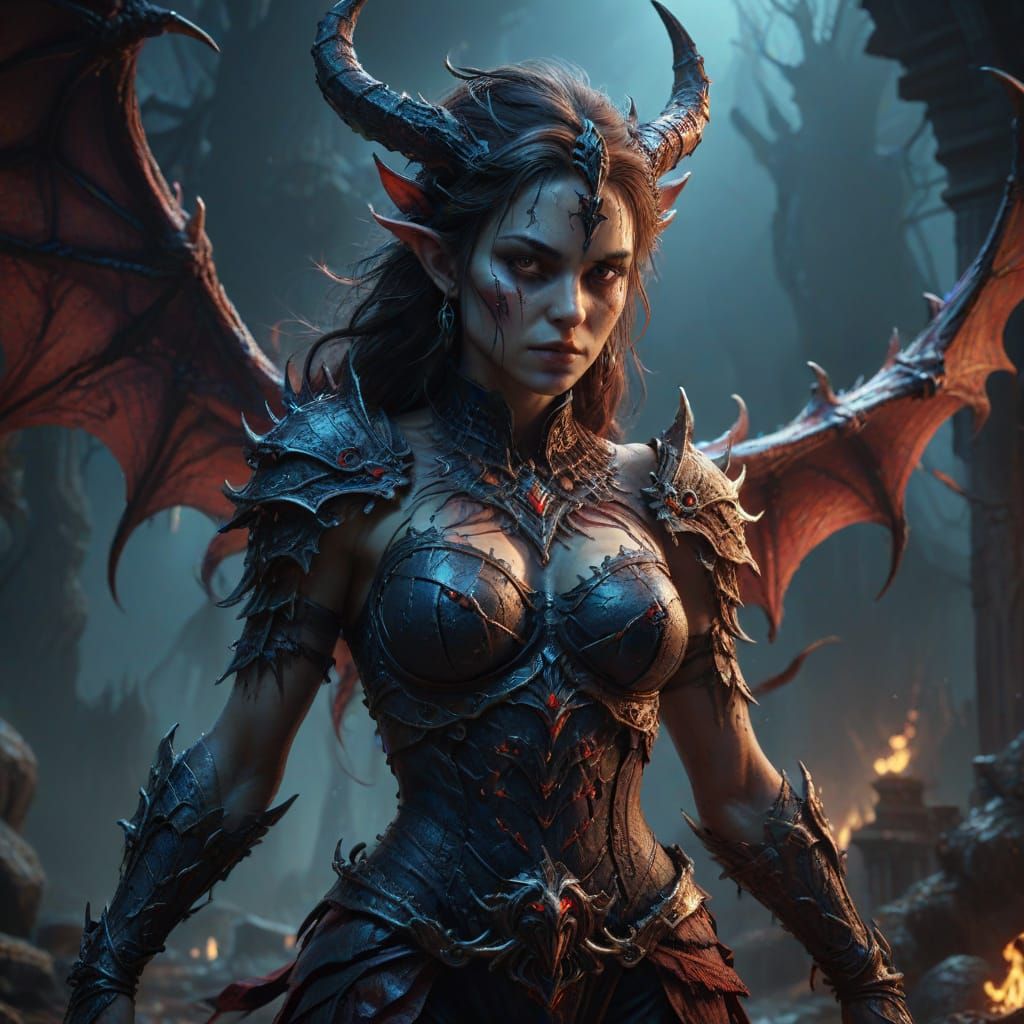 Ethereal Demon Goddess in Vibrant Fantasy Realm