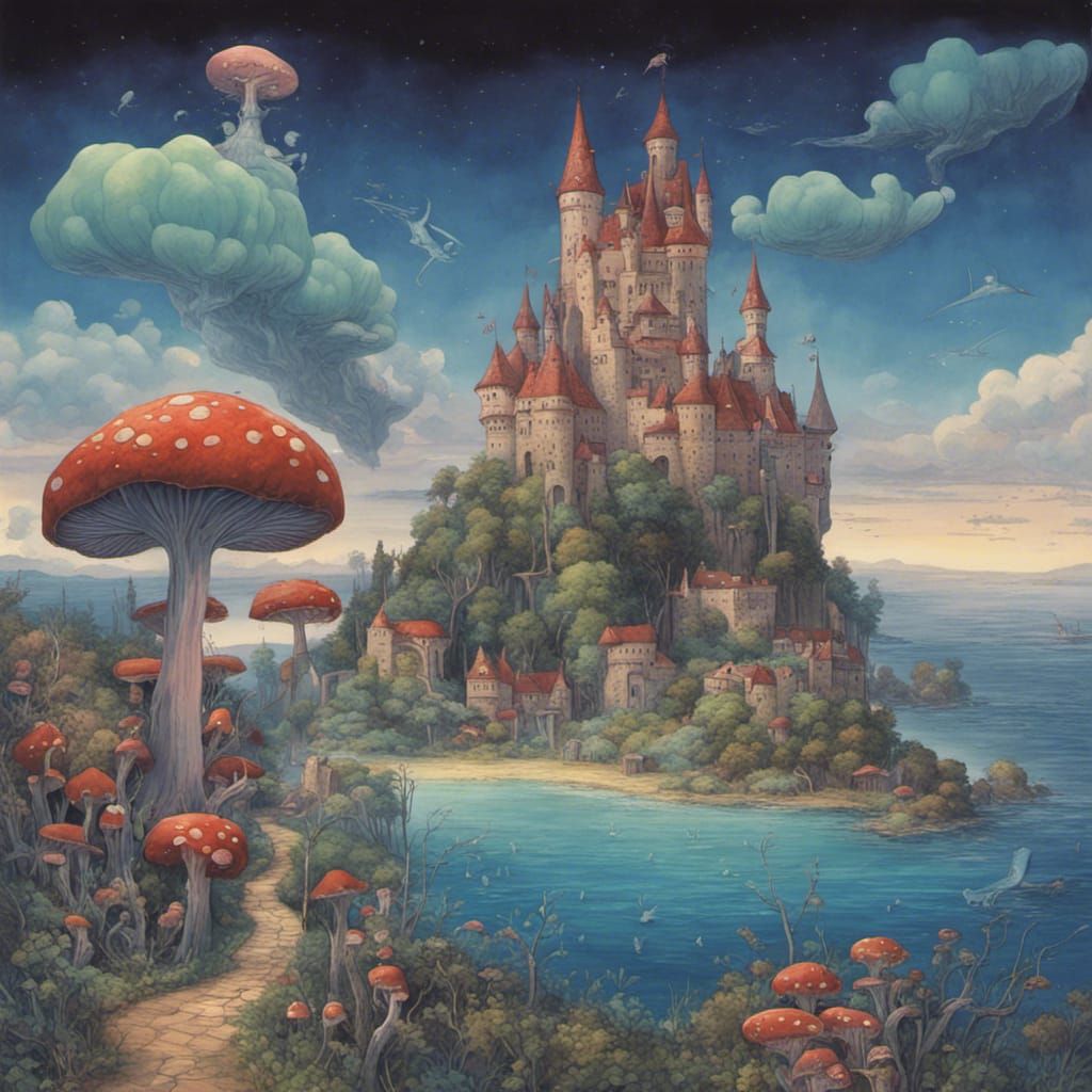 Fairy Tale Castle Overlooking Bioluminescent Ocean