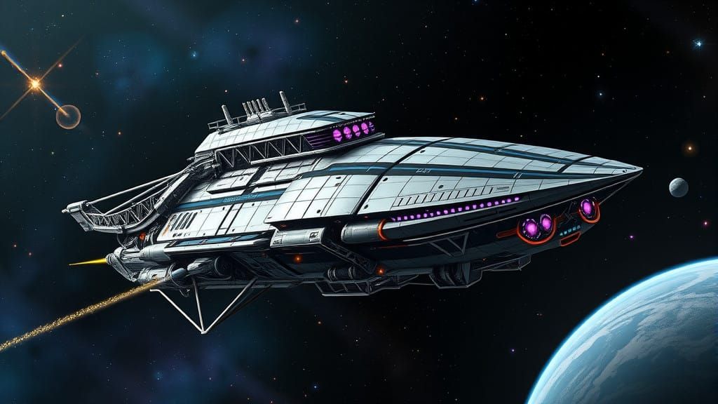 Spaceship, with a mesmerizingly complex network of metallic panels, glowing neon accents