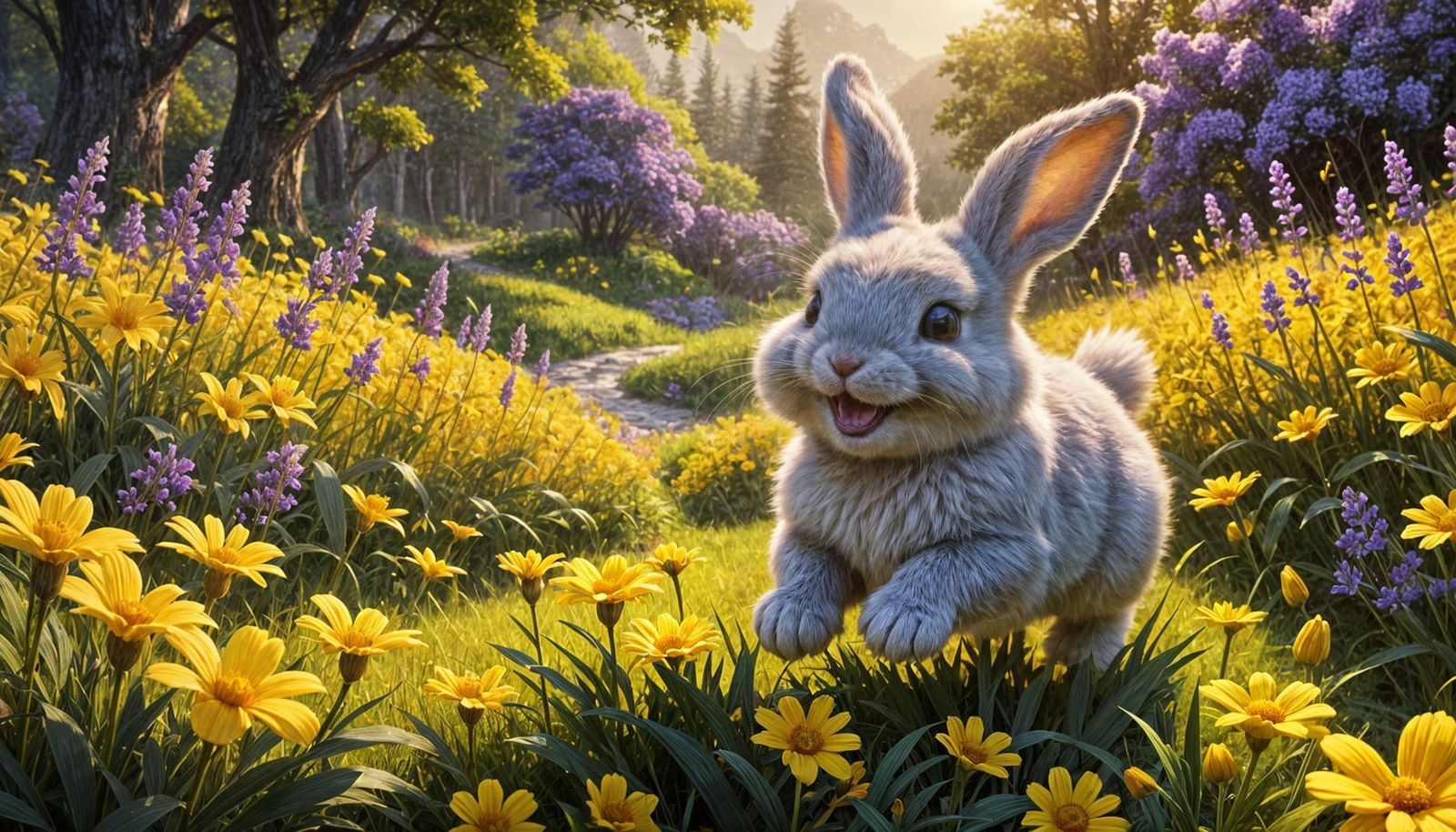 Smiling Bunny in Flower Field, Digital Art