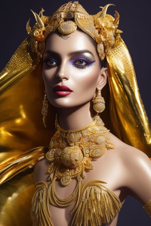 Elaborate Alien Goddess in Gold Mesh Outfit