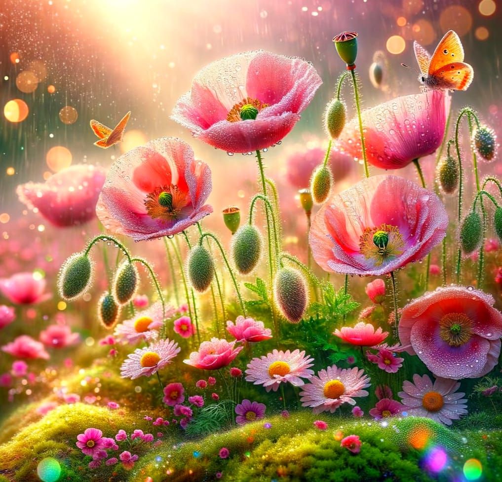 Sparkling Dew on Pink Poppies Watercolor