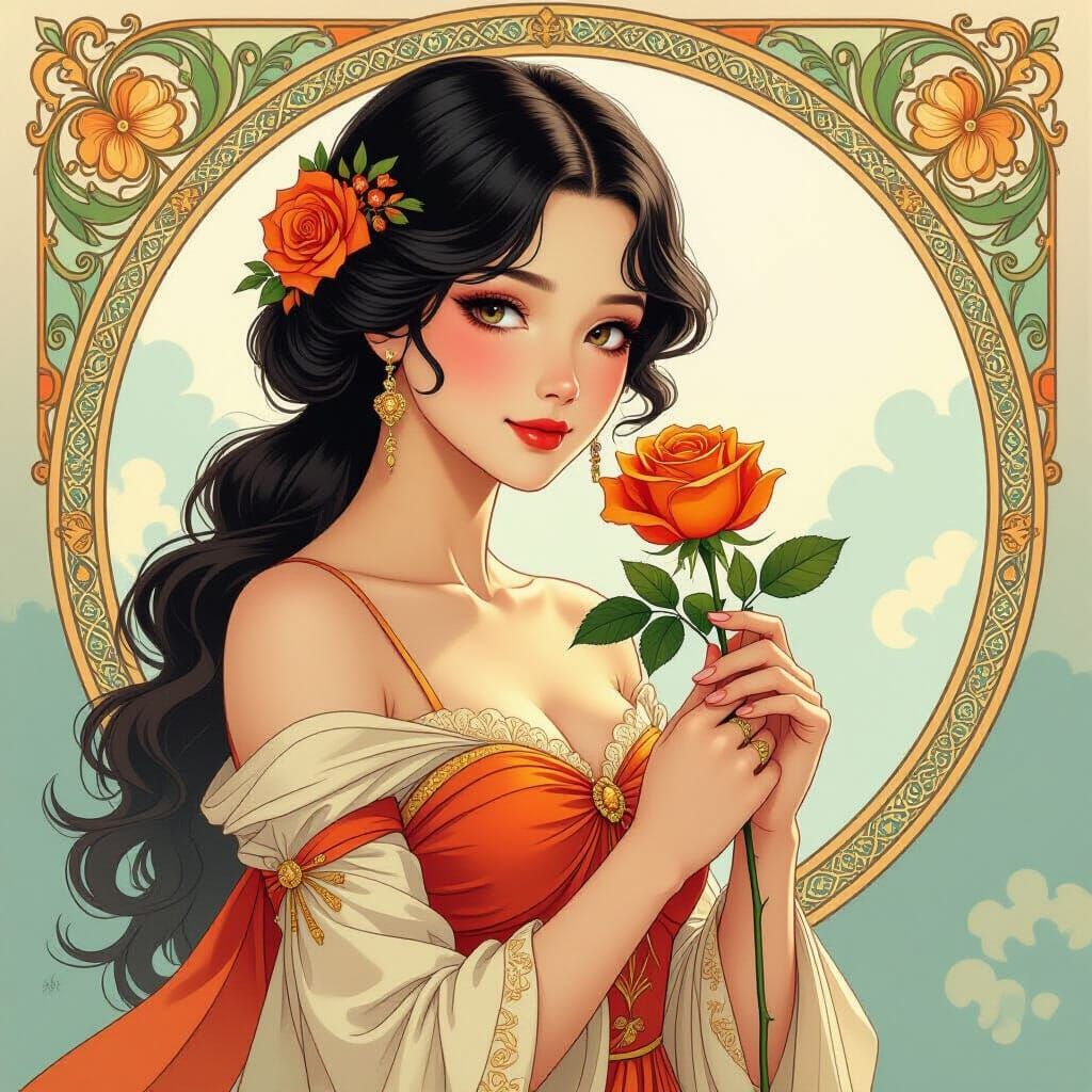 Dream Girl with Rose in Art Nouveau Style