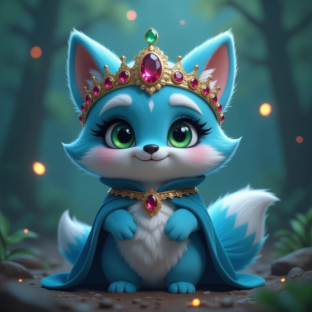 Fox with Emerald Crown in Naive Doodle Style