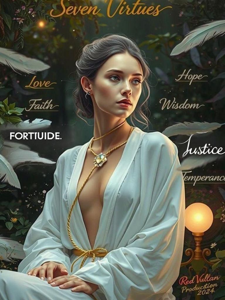 A serene young woman draped in flowing, floor-length white r...