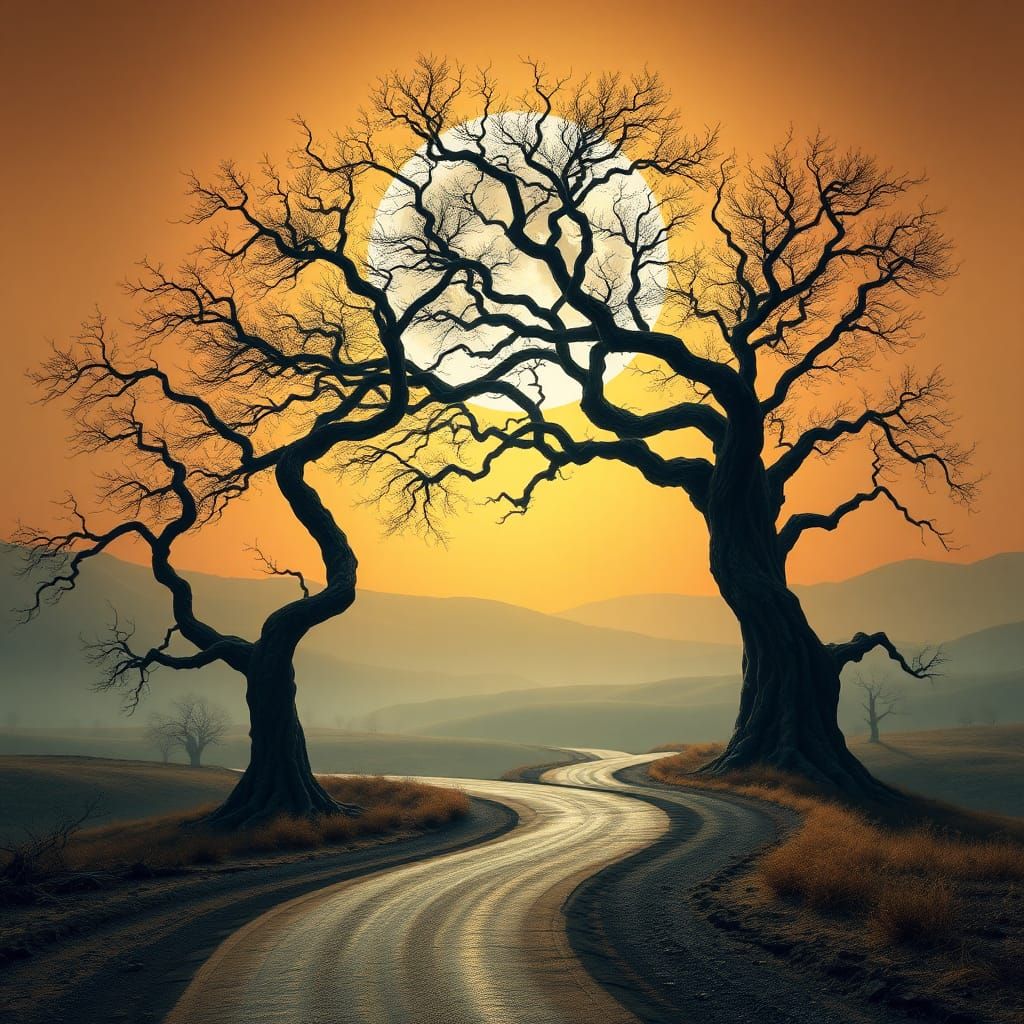 Ethereal Road with Face Trees in Dreamlike Style