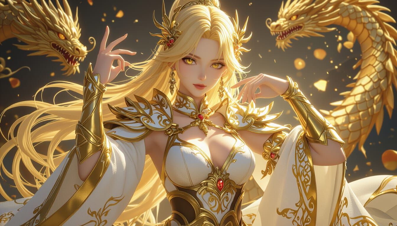 Golden Woman in Anime Style with Dragon Jewelry