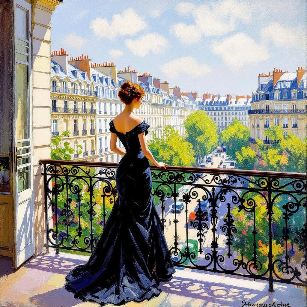Parisian Woman on Balcony in Impressionist Style