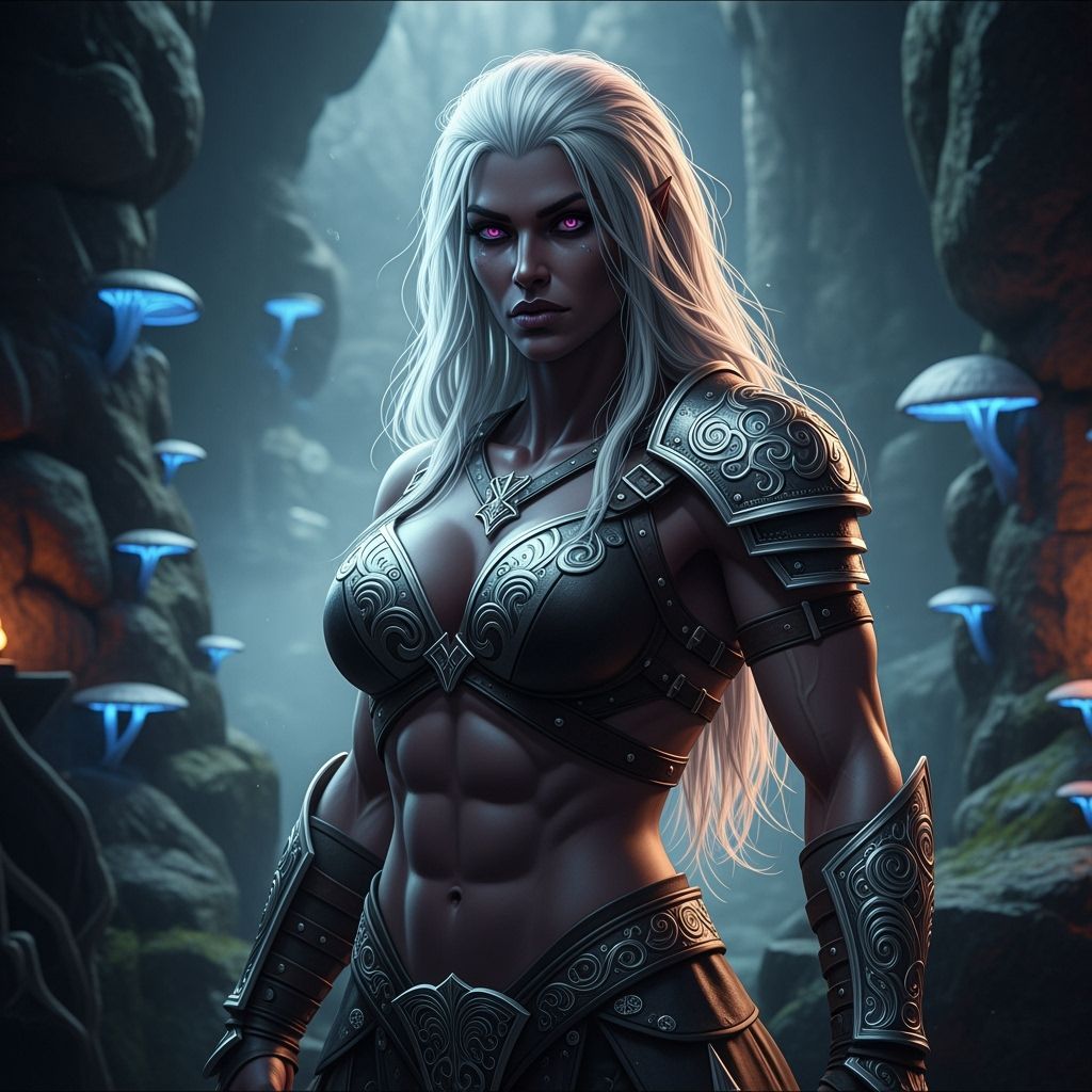 Muscular Drow Warrior with White Hair and Pink Eyes