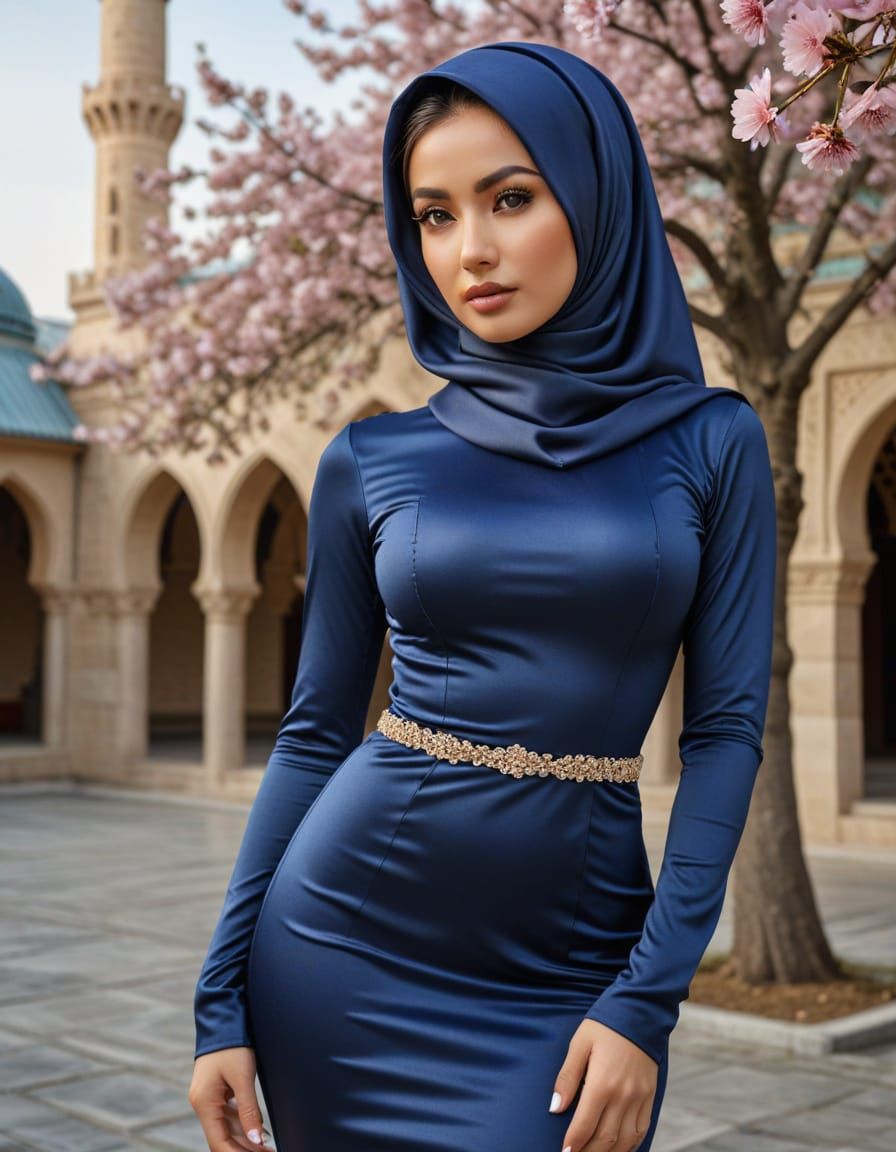 Indonesian Woman in Cherry Blossom Courtyard: Photorealism