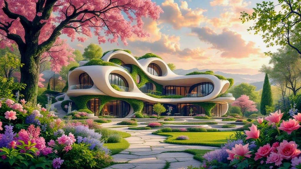 Eco-Modern Spring Mansion with Lush Landscape and Vibrant Sk...