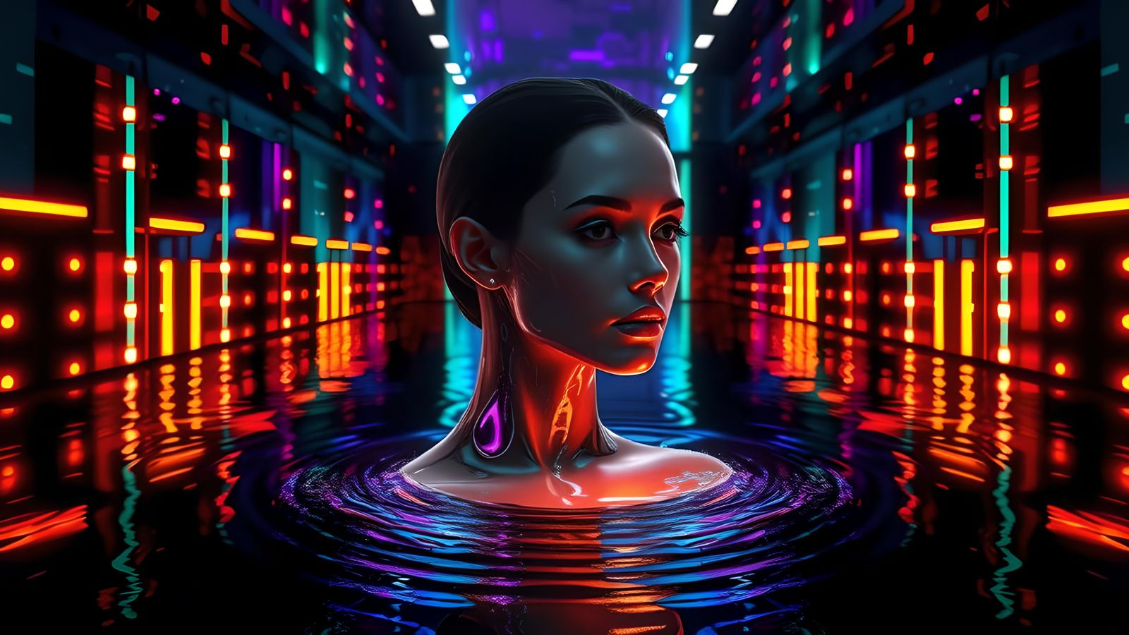 Liquid Water Woman in Mirrored Room, Hyperrealistic Art