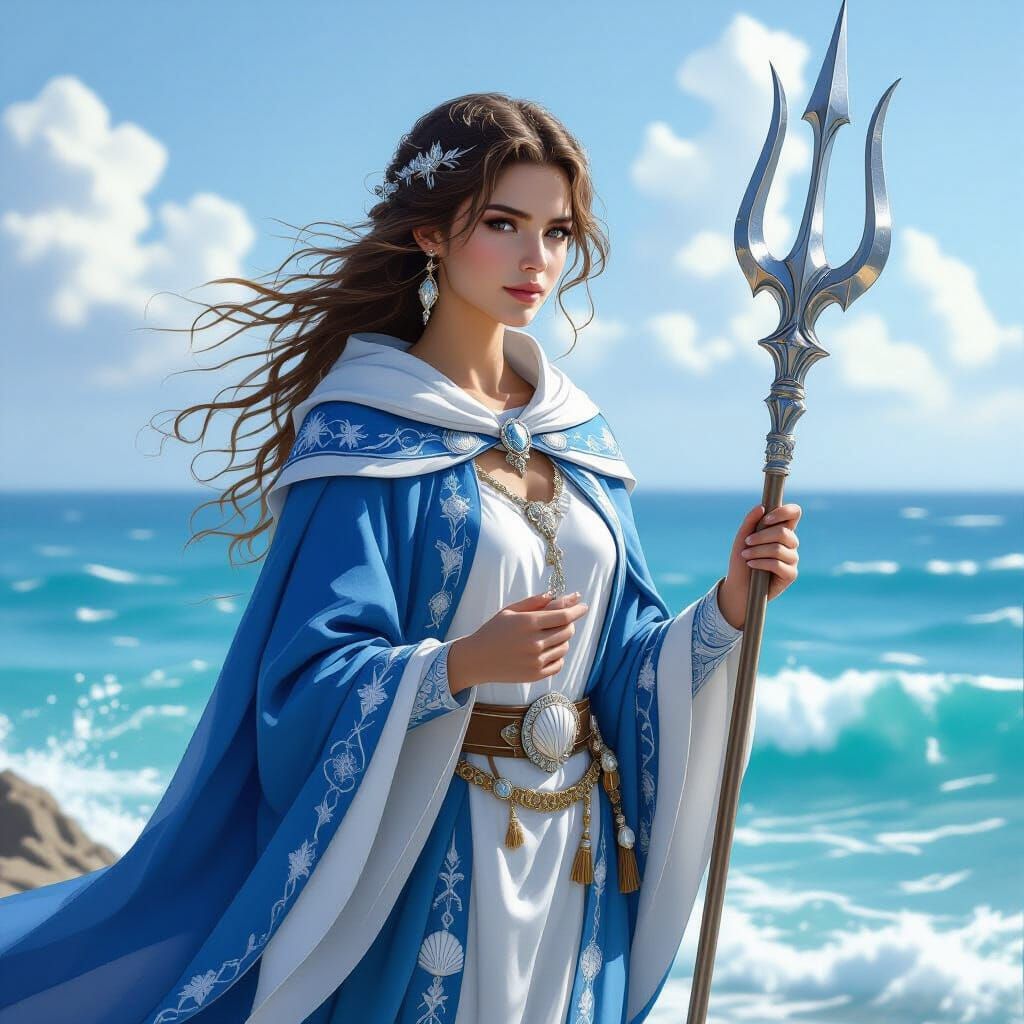 Cleric by the Sea with Trident in Realistic Fantasy Style