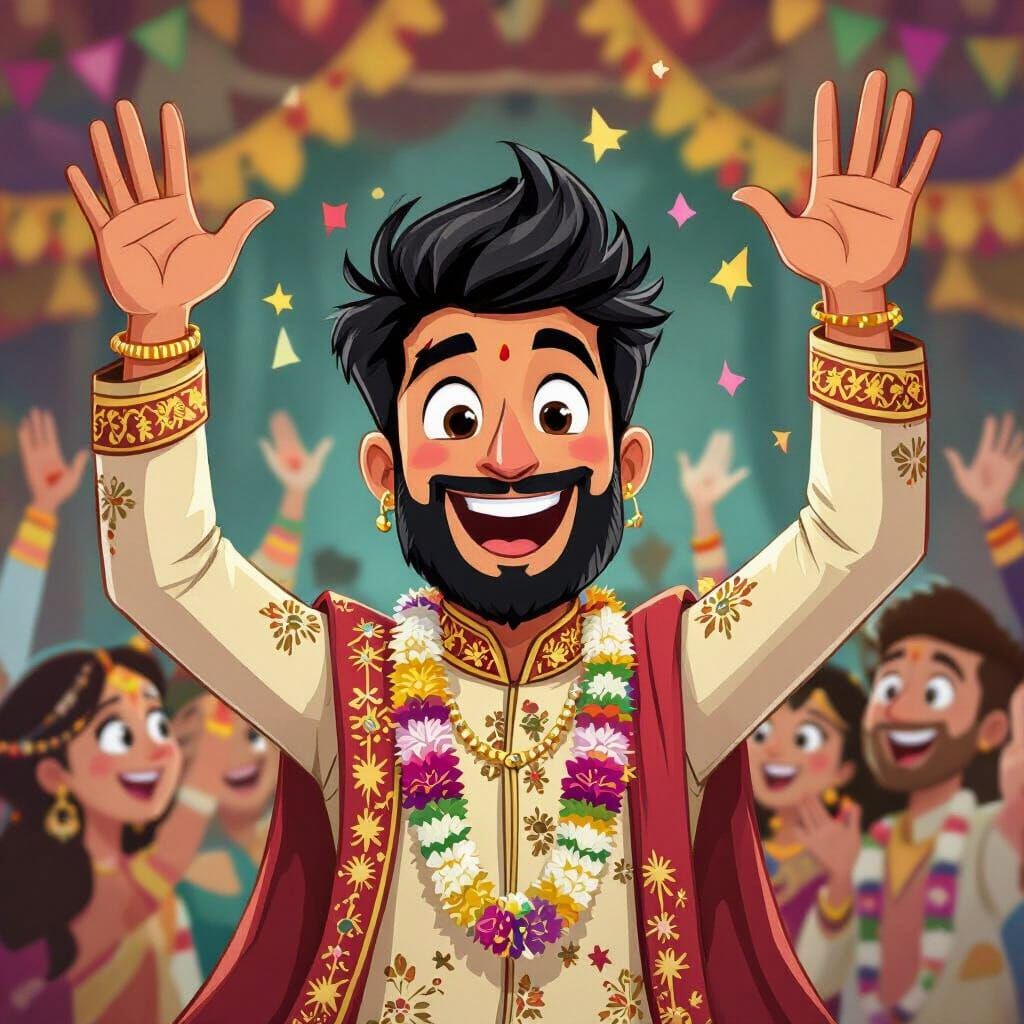 Joyful Indian Groom Celebrates in Cartoon Style