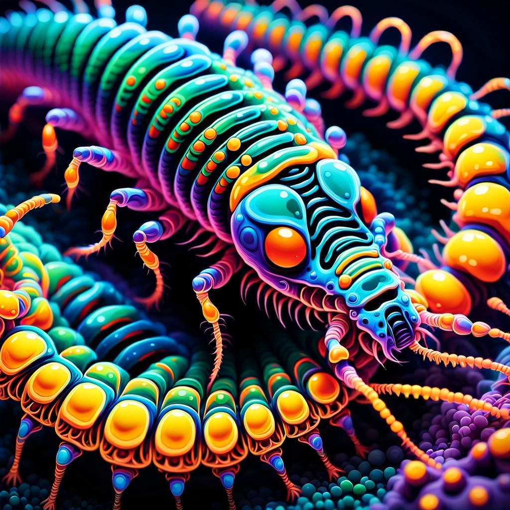 Intricate, hyper-detailed extreme close-up of a centipede , ...