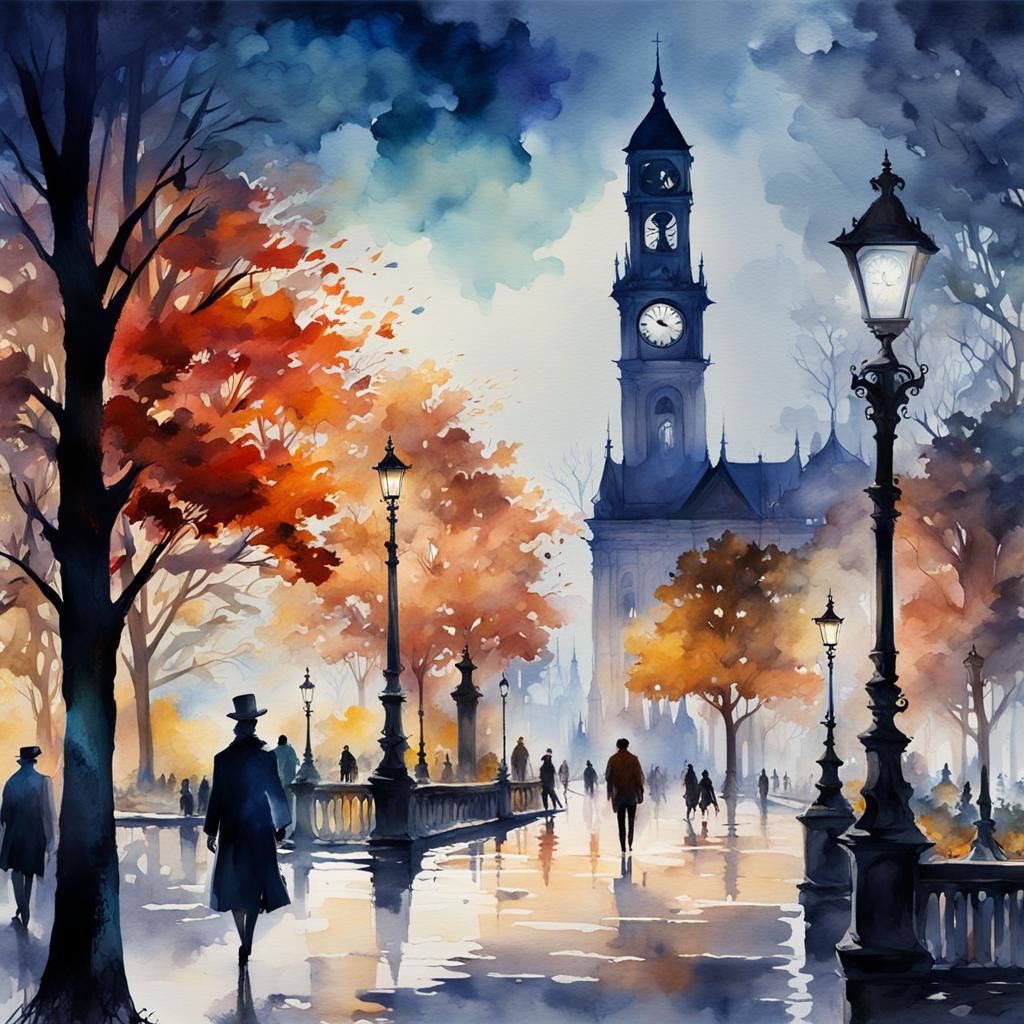 Night Scene in Park with Clock Tower in Watercolor