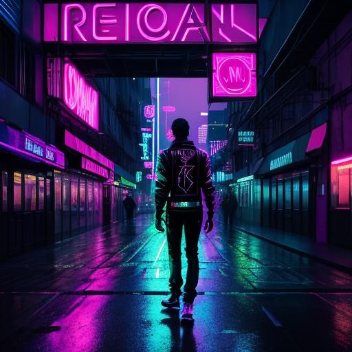 Neon-Lit Figure in Synthwave Cityscape