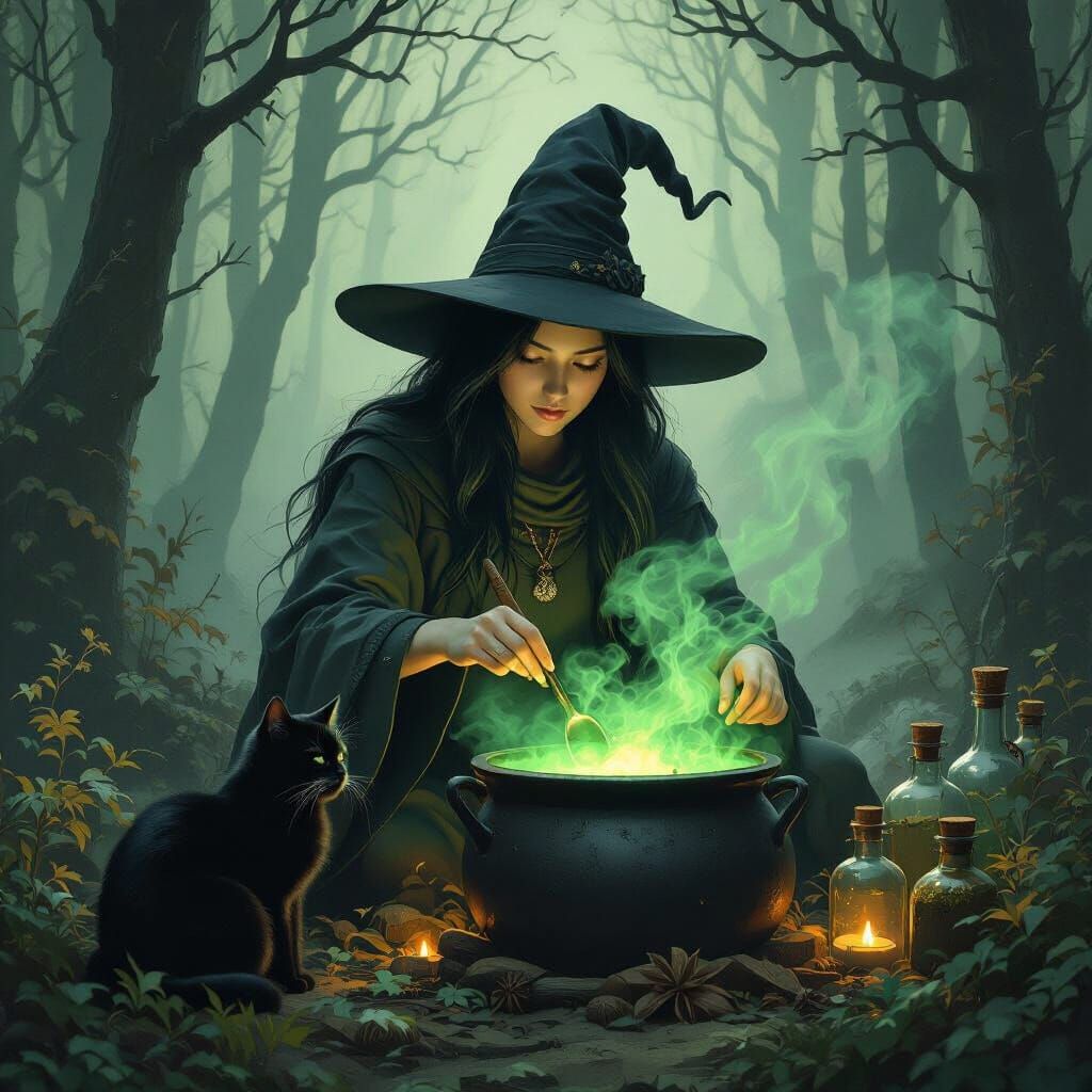 Mystical Forest Witch Stirring Cauldron with Black Cat