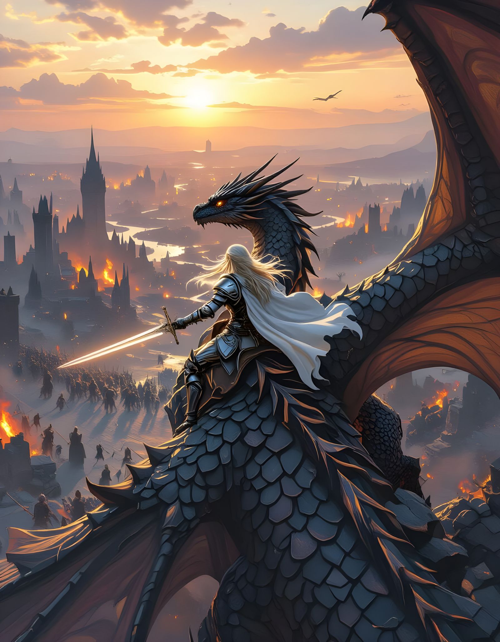 Valkyrie and Dragon Soaring Above Battlefield