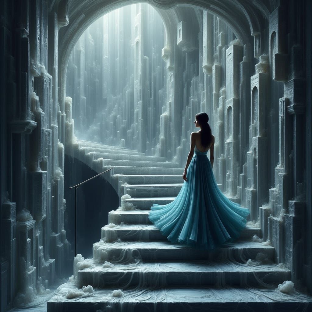 Woman Descends Labyrinthine Stairs in Ethereal Style