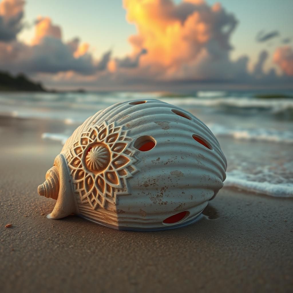 Intricate Seashell Mandala Carving at Dusk
