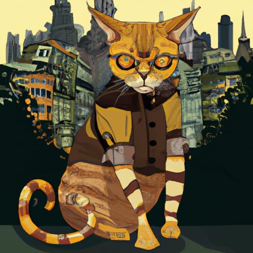 Steampunk Cat Portrait in Colorful Cityscape