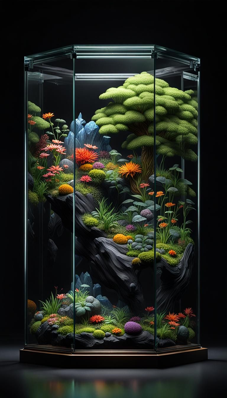 ultra realistic, Stylish, glass case vivariom landscape, blackness, single spotlight backlit in a pitch black studio, Ma...