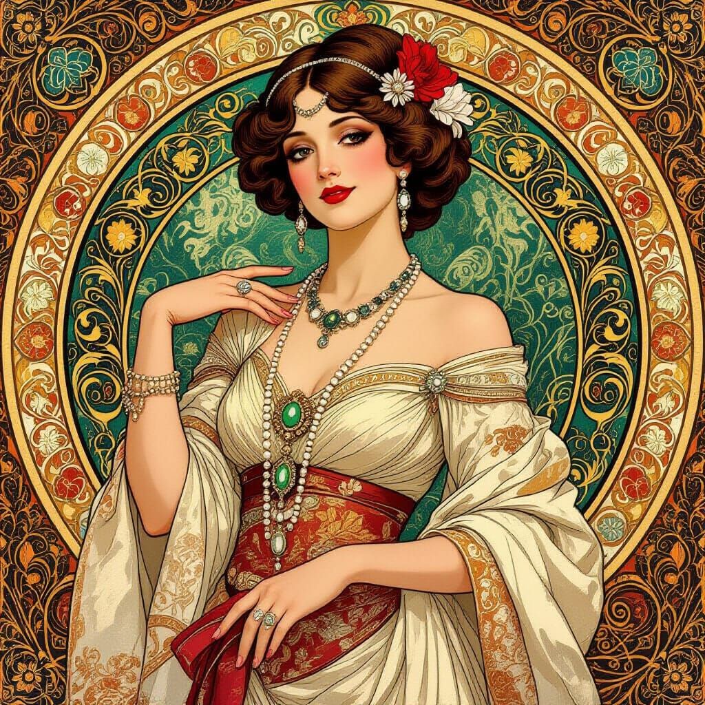 Elegant Lady in Lavish Attire, Art Nouveau Style