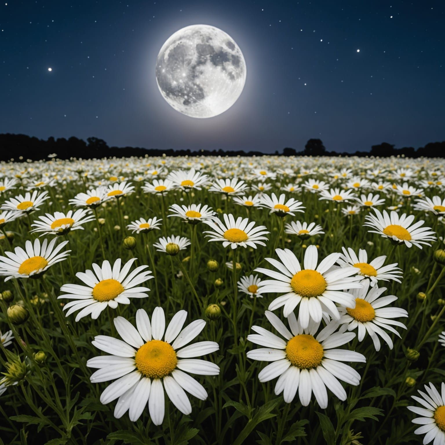 Ox-Eye Daisies Field Under a Full Moon