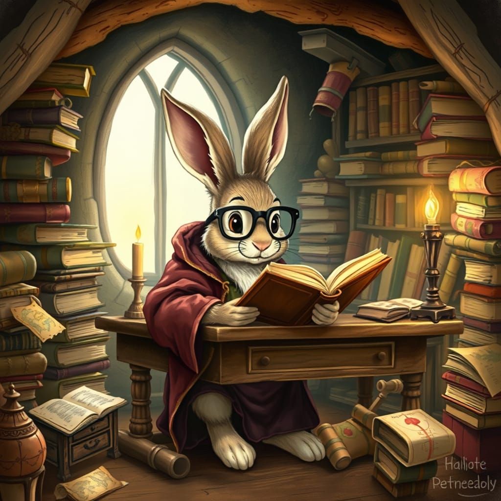 Whimsical Rabbit Scholar in Cozy Burrow Library