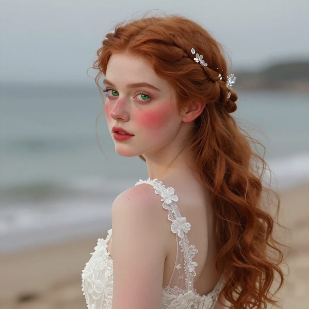 Ethereal Bridal Portrait with Red Hair and Crystalline Adorn...