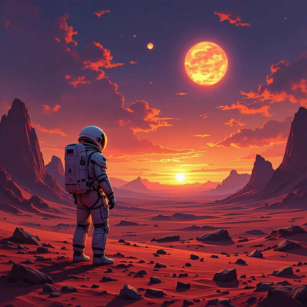 Astronaut on Crimson Planet Under Binary Sunset