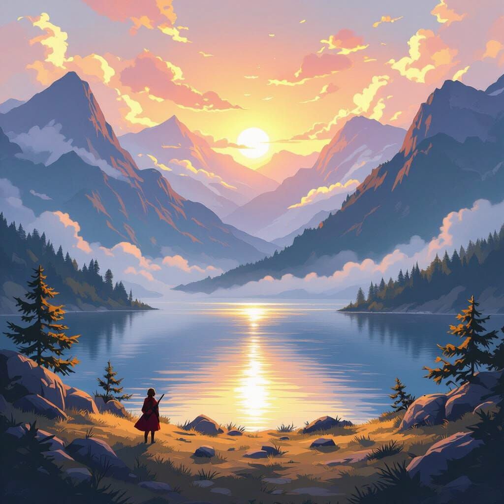 Anime Lakefront Scene with Misty Mountains