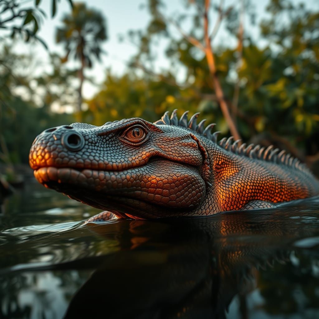 Komodo Dragon-Hammerhead Shark Hybrid in Mangrove Forest