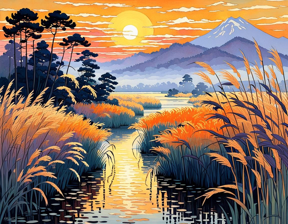 Golden Reeds at Sunset: Impressionist Ukiyo-e Fusion