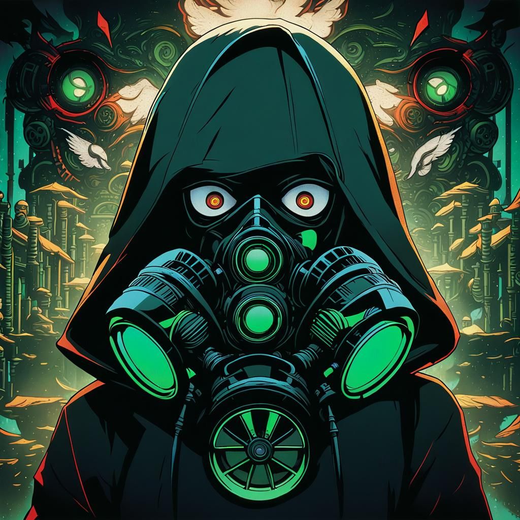 A girl in hoodie, having insane eyes expression, wearing a d...