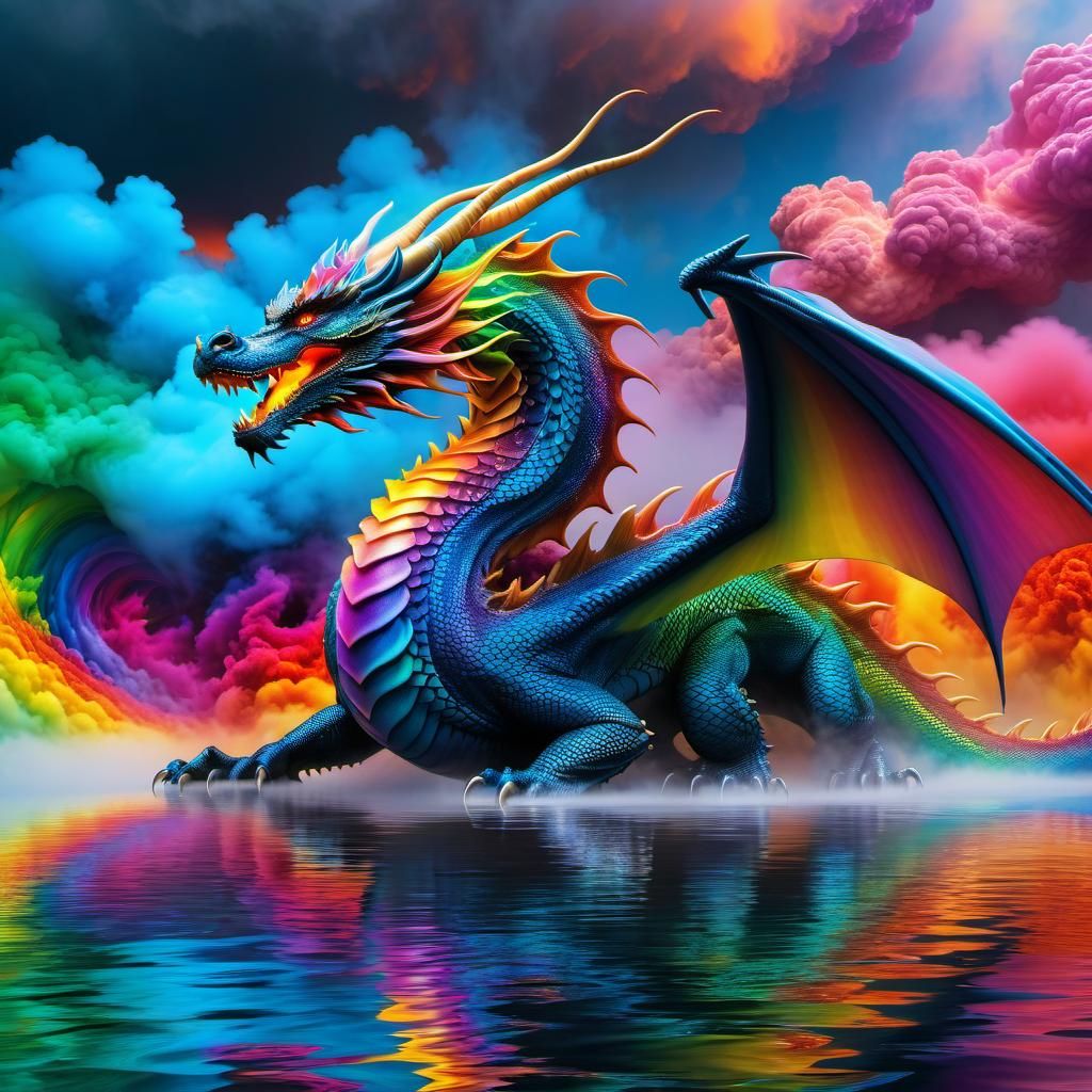 Dragon Breathing Rainbow Fire over Colorful Lake