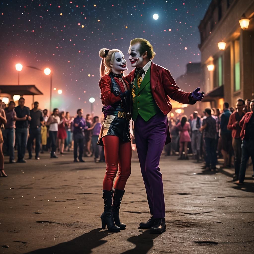 Harley Quinn and The Joker.They are dancing under the stars.
