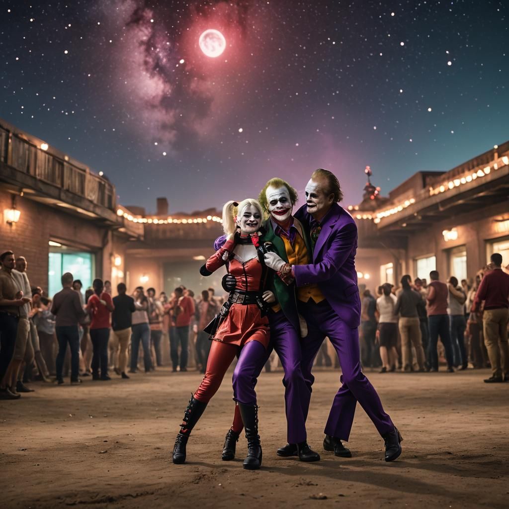 Dancing in the outdoor marketplace are the Harley Quinn(s) and The Joker(s).They are dancing under the stars.