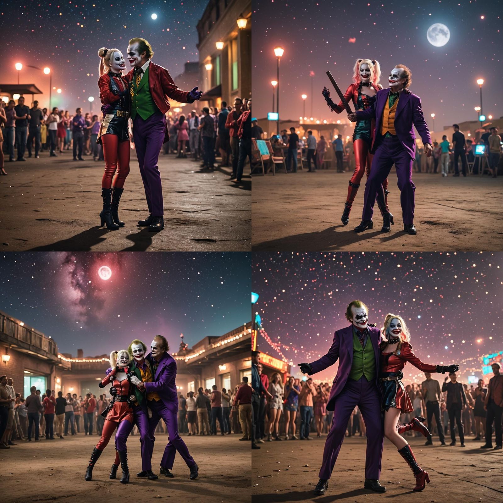 Harley Quinn(s) and The Joker(s).
They are dancing under the stars.