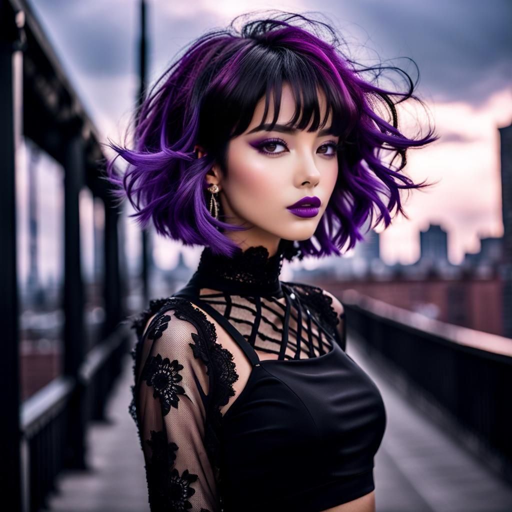 Stunning Woman with Purple Hair in Urban Scene