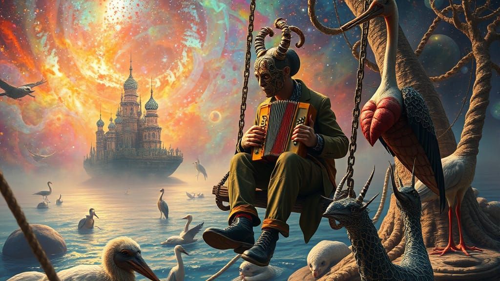 Surreal Accordionist at Galaxy's End in Psychedelic Style