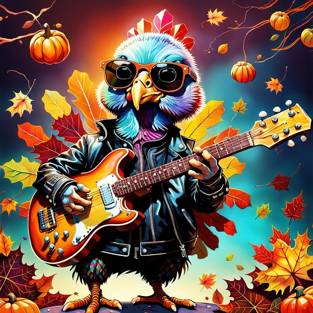 Thanksgiving Turkey Rockstar Plays Guitar: Digital Illustrat...
